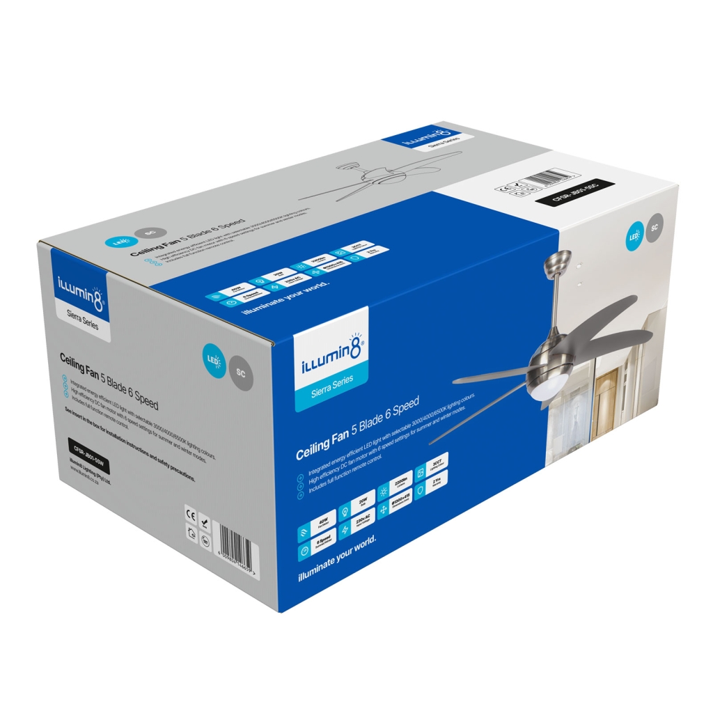 Ceiling Fan Sierra Series 5 Blade Satin Chrome 1 Illumin8 High Quality LED Lighting